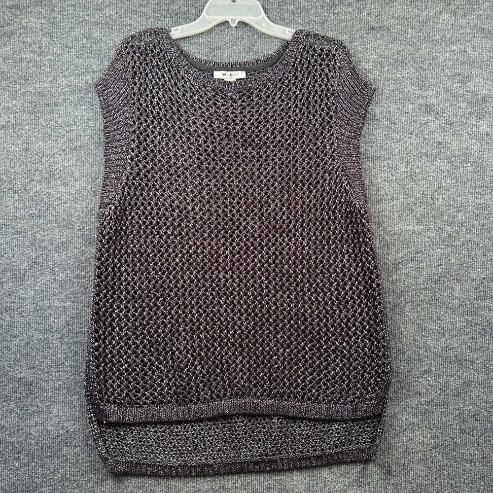 WHBM Women Metallic Open Knit Crochet Sleeveless Sweater Top XL Dark Silver